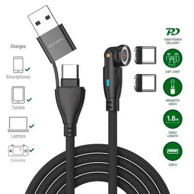 4smarts USB-C/A 540° Magnetkabel GravityCord 100W 1,8m schwarz