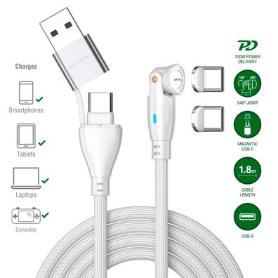 4smarts USB-C/A 540° Magnetkabel GravityCord 100W 1,8m weiß