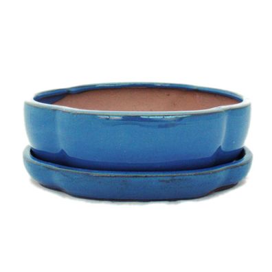 Bonsai-Schale mit Unterteller Gr. 3 - Blau - haitang/oval - Modell I5 - L 17cm