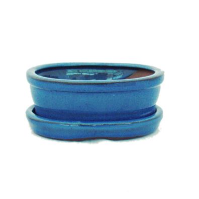 Bonsai-Schale mit Unterteller Gr. 1 - Blau - oval - Modell O7 - L 12cm - B 9,5cm