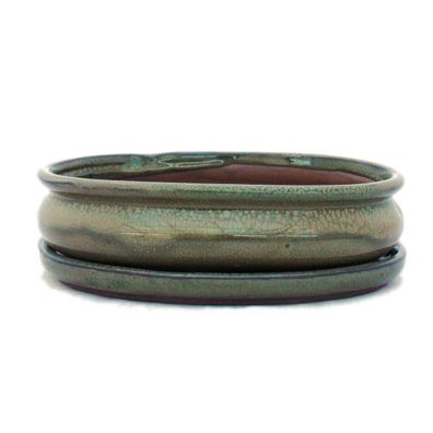 Bonsai-Schale mit Unterteller Gr. 3 - Oliv-Braun - oval - Modell O47 - L 19cm - B