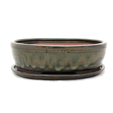 Bonsai-Schale mit Unterteller Gr. 4 - Oliv-Braun - oval - Modell O7 - L 26cm - B