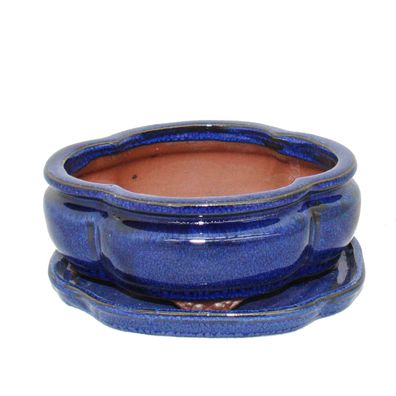 Bonsai-Schale mit Unterteller Gr. 2 - Blau - haitang/oval - Modell I3 - L 15cm