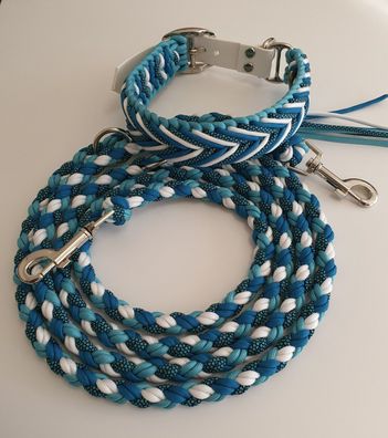 Set (Hundeleine & Hundehalsband) aus Paracord „Arrow“ Farben Türkis Weiß