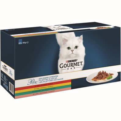 Perle Minifilets in Sauce mit Huhn, mit Rind, mit Kaninchen, mit Lachs 60x85g Katze