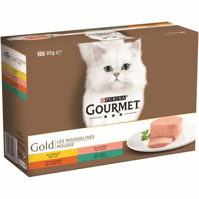 Goldmousse mit Huhn, mit Lachs, mit Niere, mit Kaninchen 12x85g Katzenfutter Gour