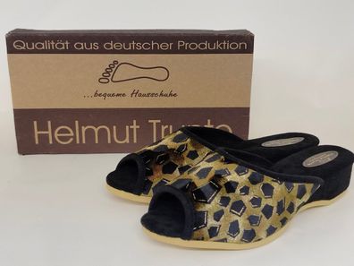 Helmut Trunte Damen Pantoffel gold-schwarz, zehenoffen, 3 cm Keilabsatz