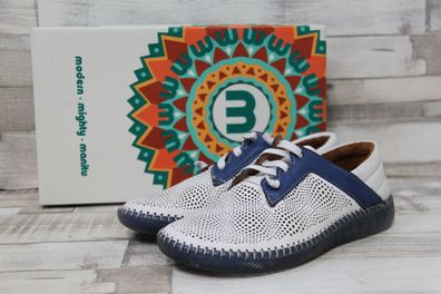 Manitu Damen Schnürschuh weiß-blau durchbrochen mit Gummisenkel