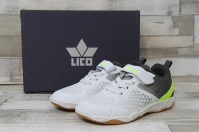 LICO Kinder Klett-Sportschuh weiß/grau mit hellgrüner Fersenverzierung