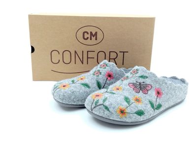 CM Confort Damen Pantoffel grau mit Blumenstickerei und herausnehmbarer Innensohle