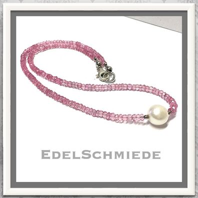 Pink Topas Kette + weiße Perle 925 Silber 44 cm Collier Edelstein