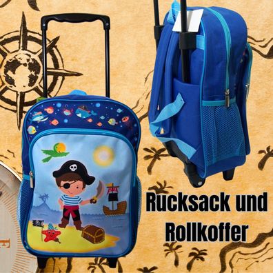 leichter Kindertrolley Kinderrucksack Pirat, blau mit Vortasche, verstellbare Gurte