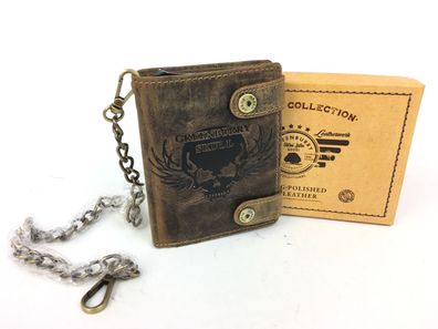 Totenkopf Geldbörse Riegelbörse Vintage Fettleder Kettenbörse braun Antikleder Skull