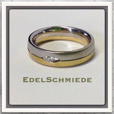 breiter 585 Gold bicolor Ring mit Brillant 0,05 ct