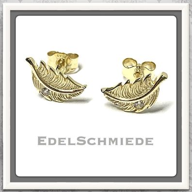 Ohrstecker Feder in 333/- Gelbgold mit Zirkonia