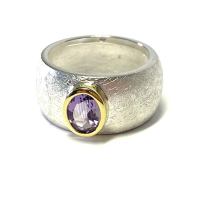 breiter Bandring in 925/- Sterling Silber bicolor gewölbt u mattiert + Amethyst #59