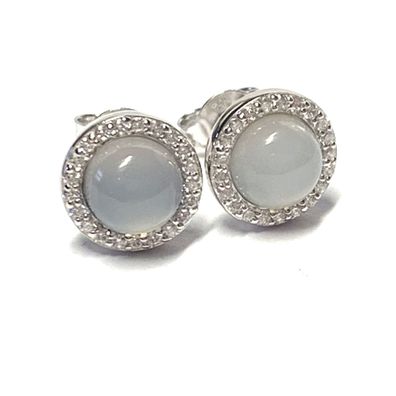 Ohrring 925 Silber rhodiniert Chalcedon Cabochon blaugrau Zirkonia Ohrstecker