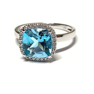 Ring 585/- Weißgold Blautopas Brillanten 0,14ct Solitär Klassiker #56