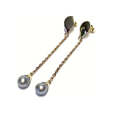 Ohrring 585/- Gold Gelbgold Perle Tropfen grau Ohrstecker Pendelstecker SWP