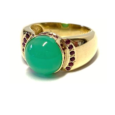 Ring 375/- Gelbgold Chrysopras grün Cabochon rund 11,5 mm + Rubin Goldring #59