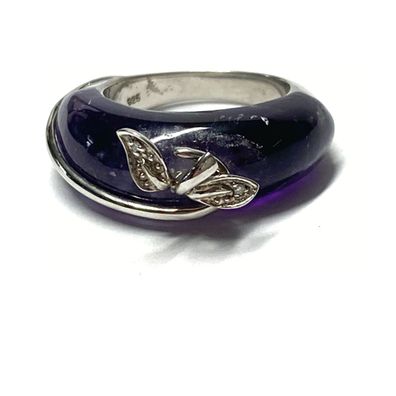 Silberring 925 rhodiniert Amethyst Inlay BlattMotiv Unikatschmuck Einzelstück #56