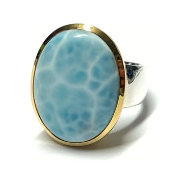 Ring 925/- Silber Larimar Cabochon groß oval teilweise vergoldet #63