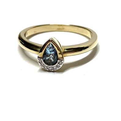 Ring 585/- Gold Aquamarin tropfen facettiert + Diamant w/P1 Schmuckring Solitär #57