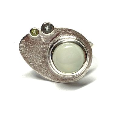 Ring 925/- Silber Mondstein grau Cabochon rund + Blautopas + Peridot facettiert #60