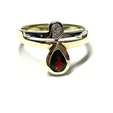 Goldring 585/- Gold bicolor Granat rot tropfen + Zirkonia Schmuckring Ring #54
