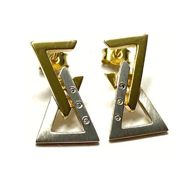 Ohrring 375/- bicolor Gold Dreieck modern teilweise matt Zirkonia Ohrstecker