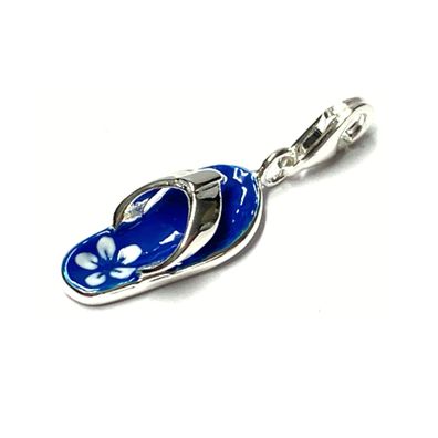 Charm Anhänger Flip Flop blau Silber 925 weiße Blume Bettelarmband Anhänger