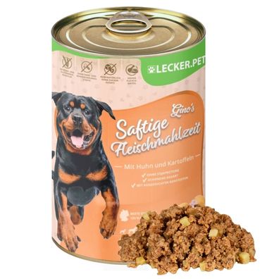 6 - 24 Stk. Lecker. Pet® Gino's Saftige Fleischmahlzeit mit Huhn & Kartoffeln Hundef