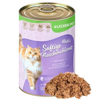 6 - 24 Stk. Lecker. Pet® Balu's Saftige Fleischmahlzeit mit Huhn Katzenfutter Nassf