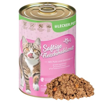 6 - 24 Stk. Lecker. Pet® Leo's Saftige Fleischmahlzeit mit Pute & Gemüse Katzenfutt