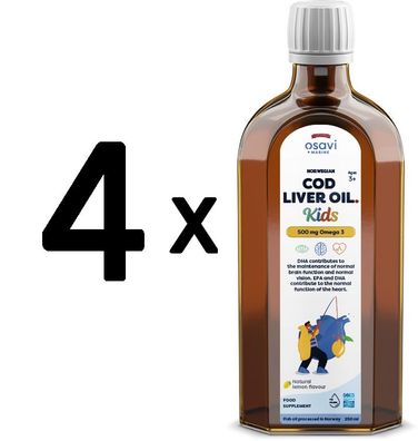 4 x Osavi Norwegian Cod Liver Oil Kids, 500mg Omega 3 (Lemon) - 250 ml