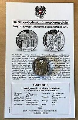 Österreich 10 Euro Silber Münze 2005 Wiedereröffnung Burg Oper PP Zertifikat