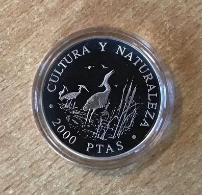 Spanien 2000 Pesetas 1994 Grauer Kranich Silber PP mit Zertifikat