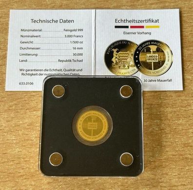 999 Goldmünze 1/500 Oz 3000 Francs 30 Jahre Mauerfall Eiserner Vorhang