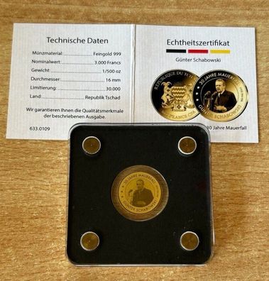 999 Goldmünze 1/500 Oz 3000 Francs 30 Jahre Mauerfall Günter Schabowski