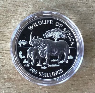 Tansania 200 Shilling 1997 Spitzmaulnashorn Silber PP mit Zertifikat