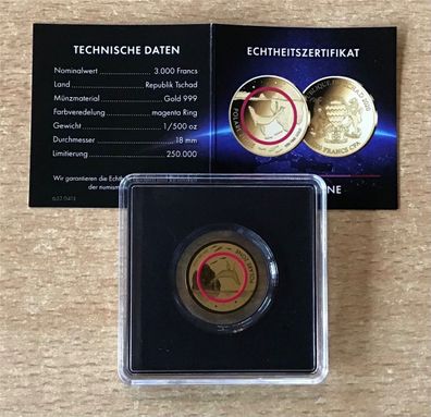 999 Goldmünze 1/500 Oz Tschad 3000 Francs 2020 Polare Zone mit Zertifikat