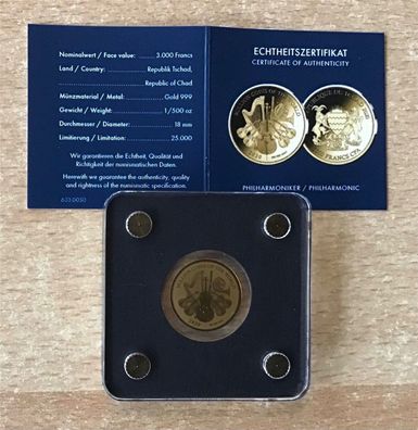 999 Goldmünze 1/500 Oz Tschad 3000 Francs 2020 Philharmoniker mit Zertifikat