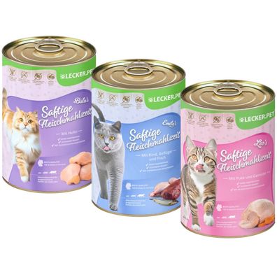 18 x 400 g Lecker. Pet® Balu's, Emily's & Leo's Saftige Fleischmahlzeit