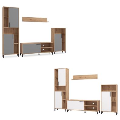 Wohnwand Schrankwand Holz Eiche Weiß Grau Anbauwand Wohnzimmer-Set 4 tlg. Modern