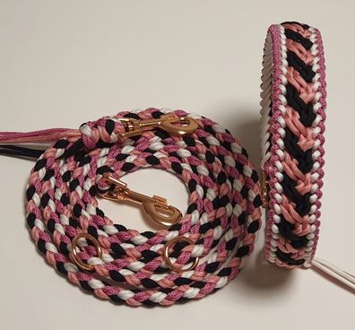 Set (Hundeleine & Hundehalsband) aus Paracord „River“ Farben Rosa Schwarz