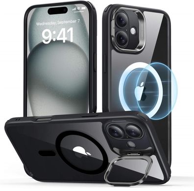 ESR Classic Hybrid HaloLock Case Stash Stand für Apple iPhone 16 -Transparent/Schwarz