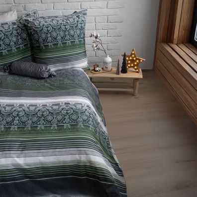 Fleuresse Aspen Biber Bettwäsche 155x220 Ornamente Streifen grün grau 434479-5