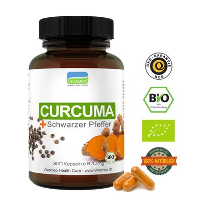 Bio Kurkuma Kapseln à 673 mg mit Bio schwarzem Pfeffer Piperin, Curcumin • Vivameo ®