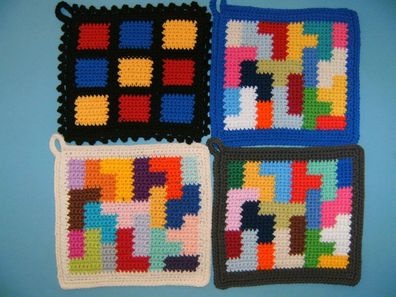 1 Paar Topflappen Sudoku o. Tetris Handarbeit gehäkelt Baumwolle Rätsel GameBoy