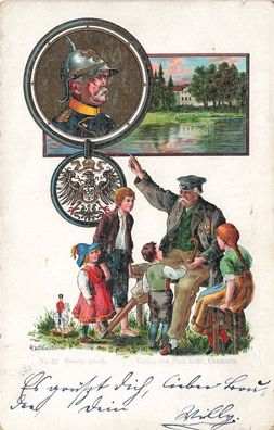 Bismarck mit Kindern und Reichsadler Patriotika Postkarte AK